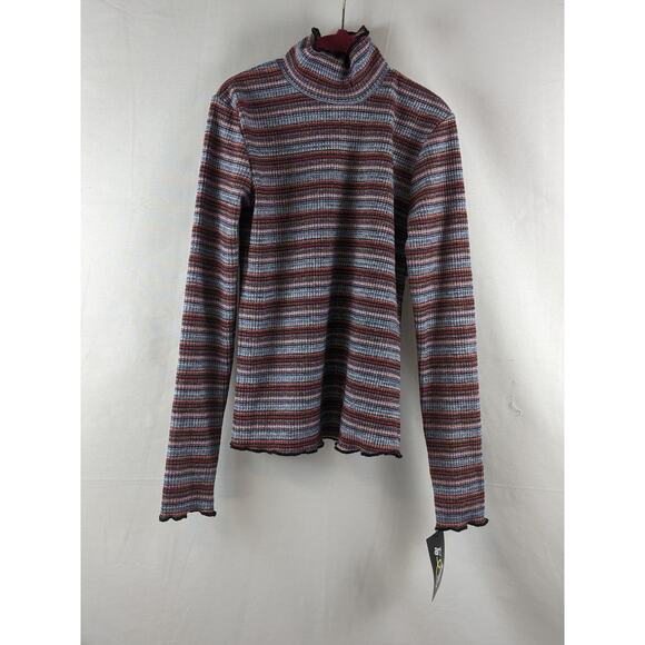 Art Class Lettuce Edge Mock Neck Top L Striped Red Metallic Pullover Long Sleeve - Picture 1 of 7